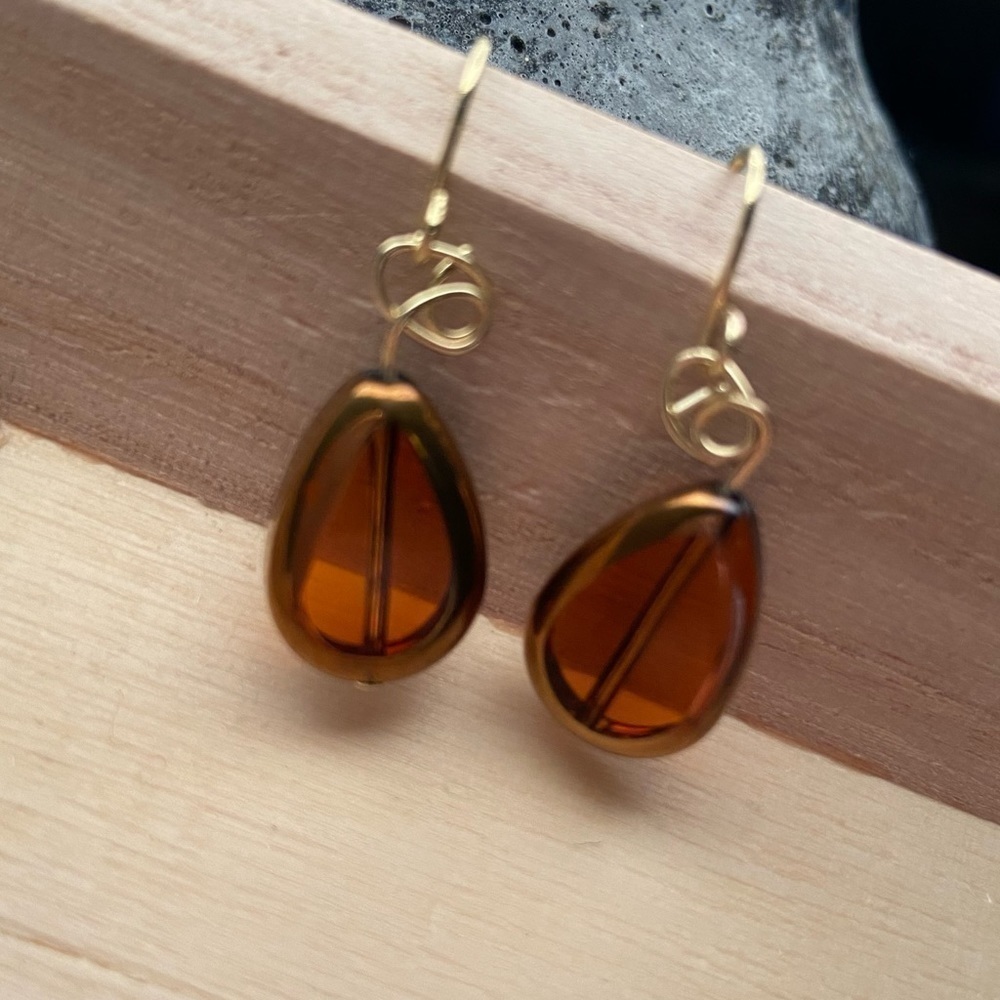 Shiny Brown Teardrop Dangle Earrings with Gold Wires